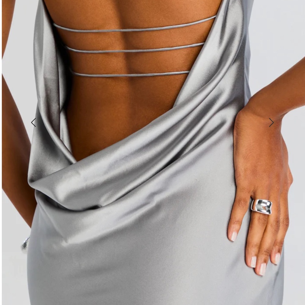 Retrofete Keaton Silver Slate Gray Backless Silk Gown Strappy Maxi Dress Medium